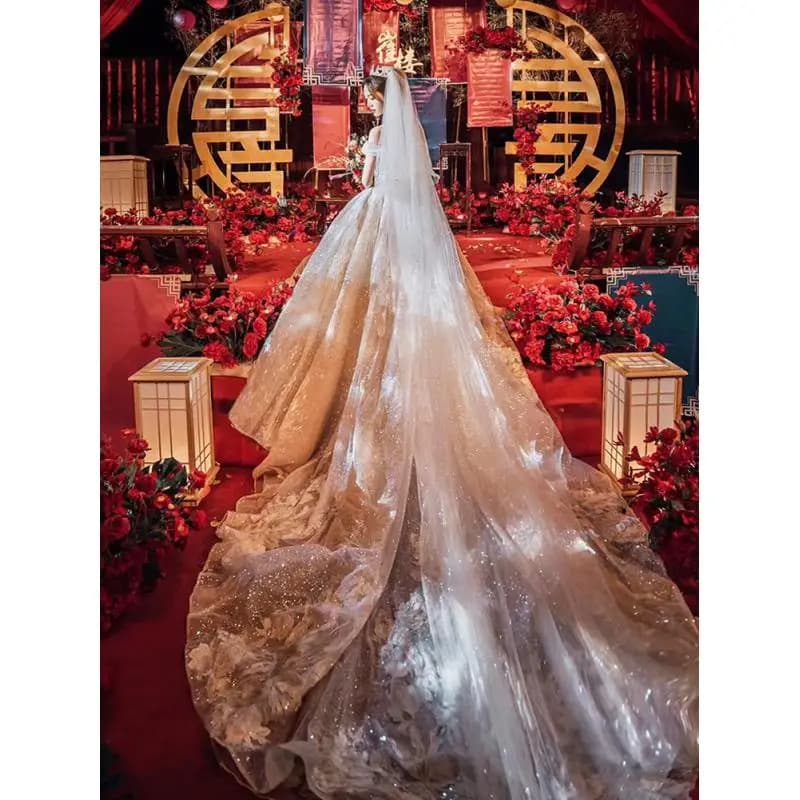 Robe de mariée principale une épaule mariée longue feu arrière robe de mariée ciel étoilé Super immortel spectacle robe mince personnalisée