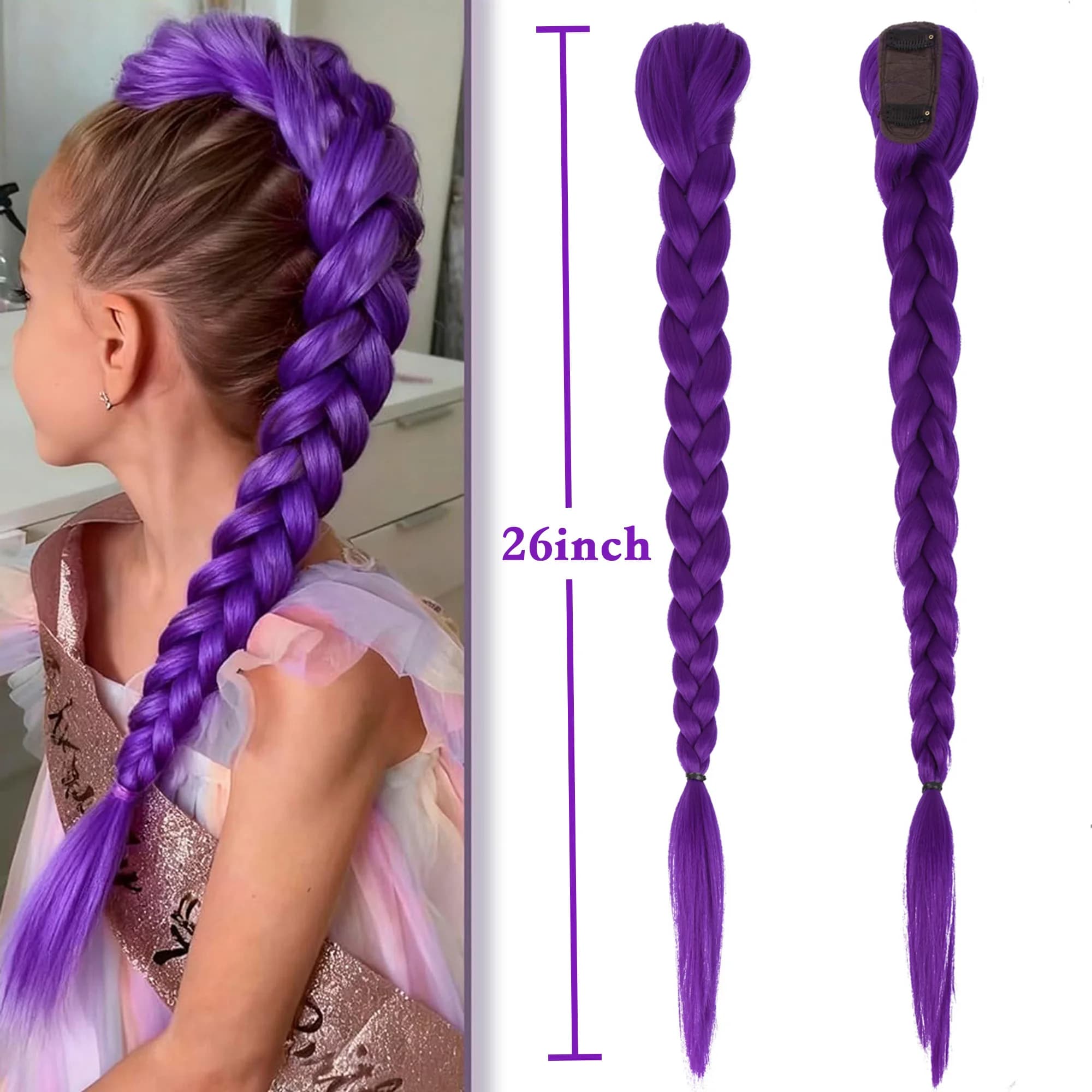 Queue de cheval tressée violette de 26 pouces à clipser, longue postiche pour cosplay, idéale pour les enfants et les filles à Halloween et Noël