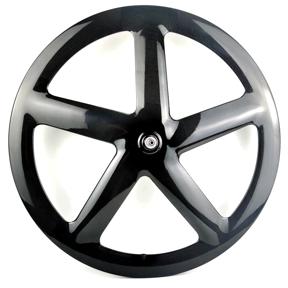 Roues de vélo de piste 700C entièrement en carbone, jantes avant 51 mm de profondeur à cinq rayons, roues arrière à disque, largeur 23 mm, type clincher/tubulaire.
