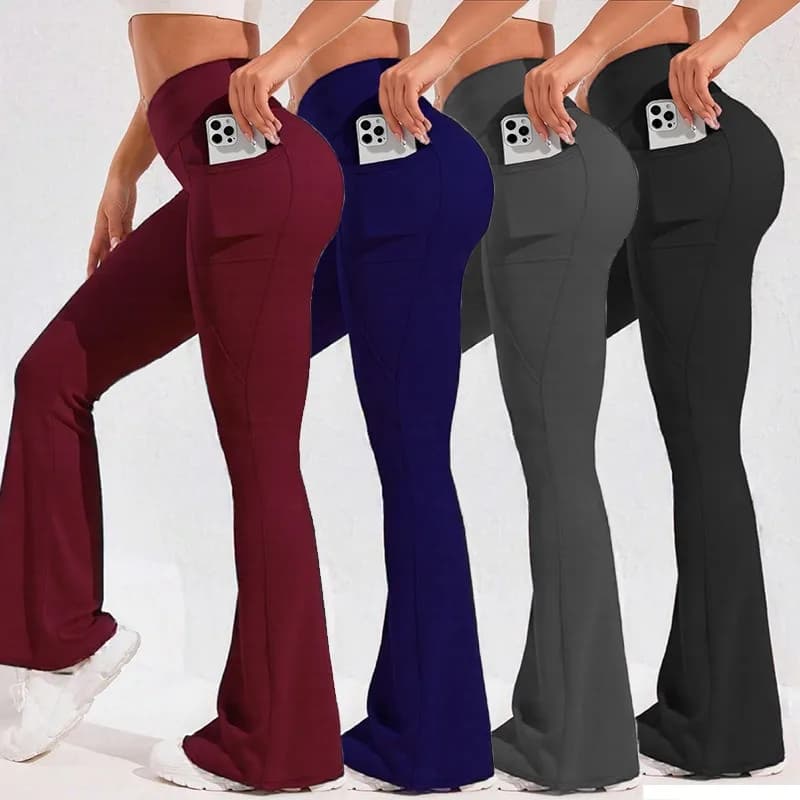  Pantalon de Yoga taille haute évasé pour femmes, avec poche, Push-Up, collants de course, jambes