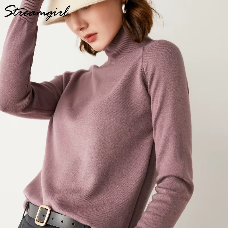 Pulls à col roulé pour femmes 2022 automne hiver pull tricoté rose Top noir en cachemire pour femmes