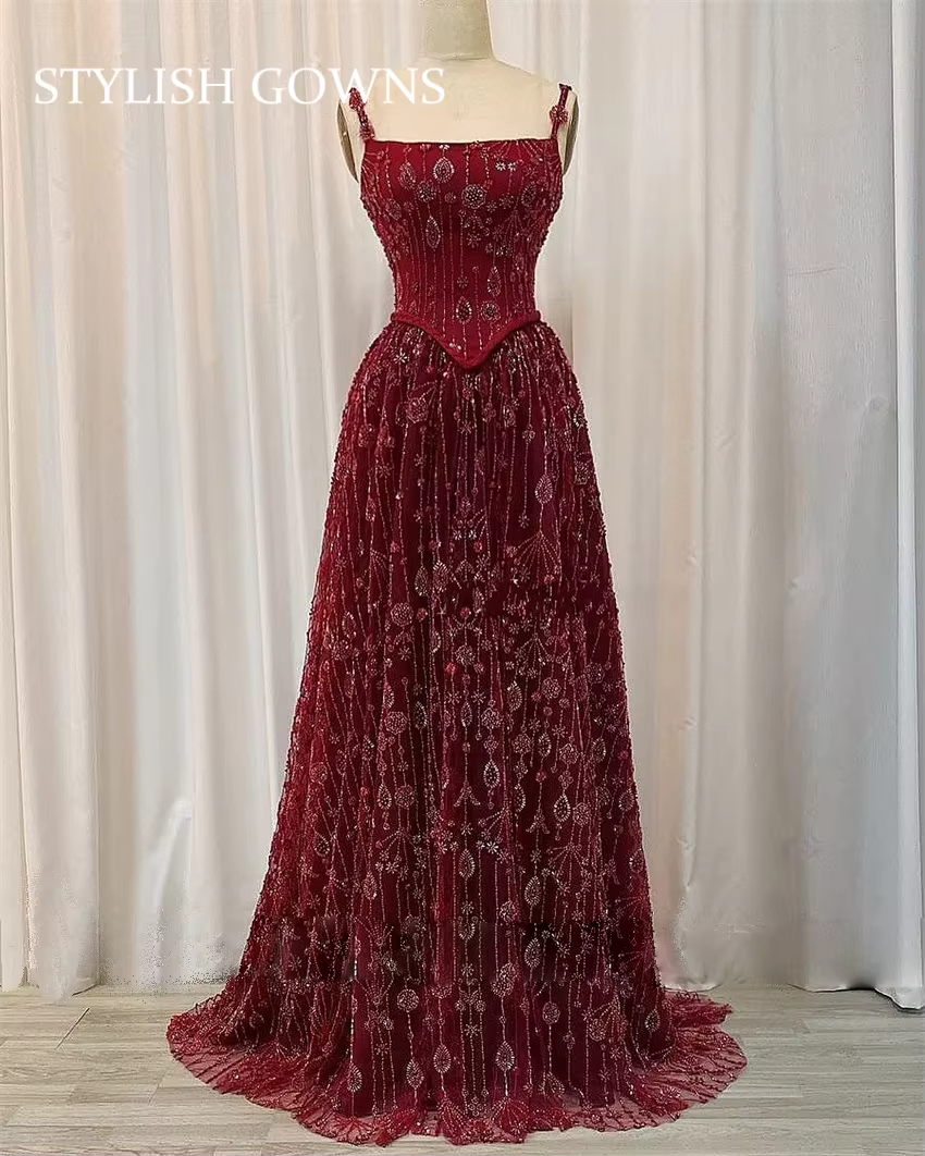 Robe de soirée arabe de luxe rouge élégante pour femmes, bretelles Spaghetti pour fête de mariage, n
