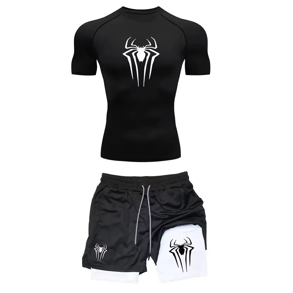 Ensemble de Compression d'entraînement pour hommes, t-shirt de gymnastique imprimé araignée Y2K, sho