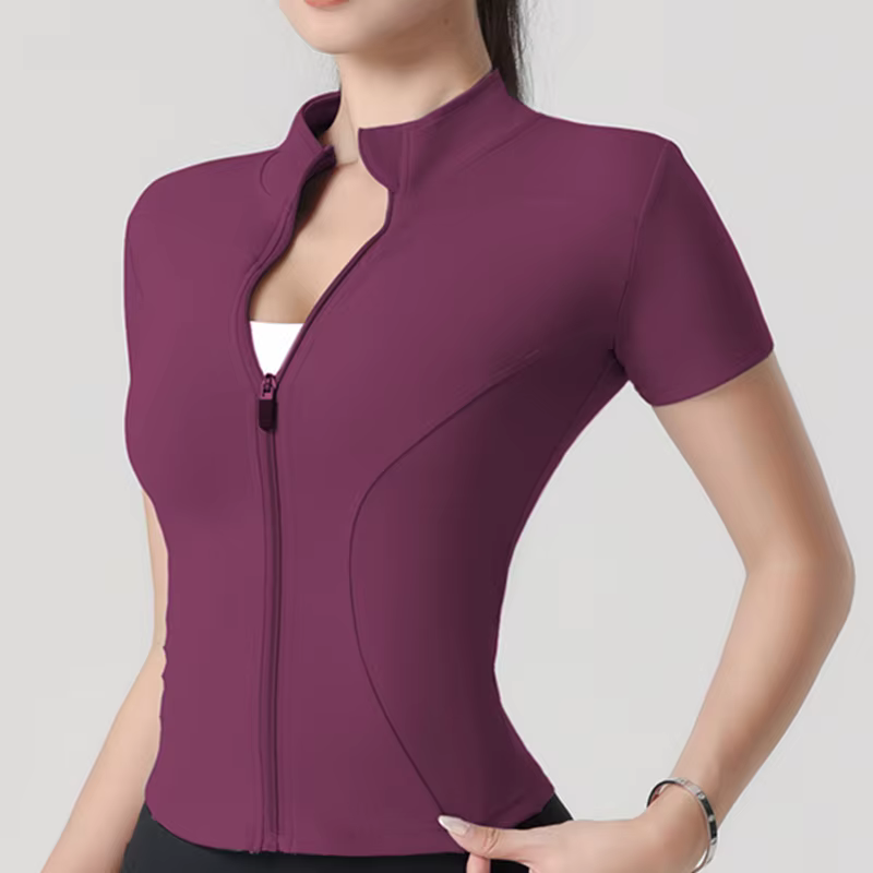 Femme yoga veste haute élastique Yoga à manches courtes manteau col montant serré sport manteau nu F