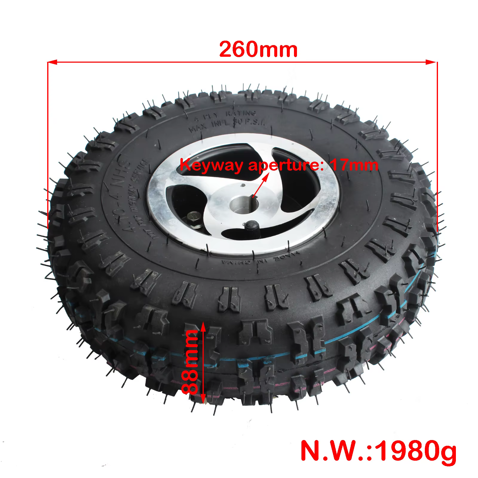Roue Pneumatique Tout-Terrain de 10 Pouces, Trou d'Essieu de 15mm, 17mm et 19mm, pour Moteur de Faut