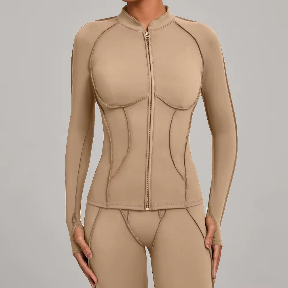 Veste de Yoga à manches longues et fermeture éclair pour femme, col montant, moulante, séchage rapid