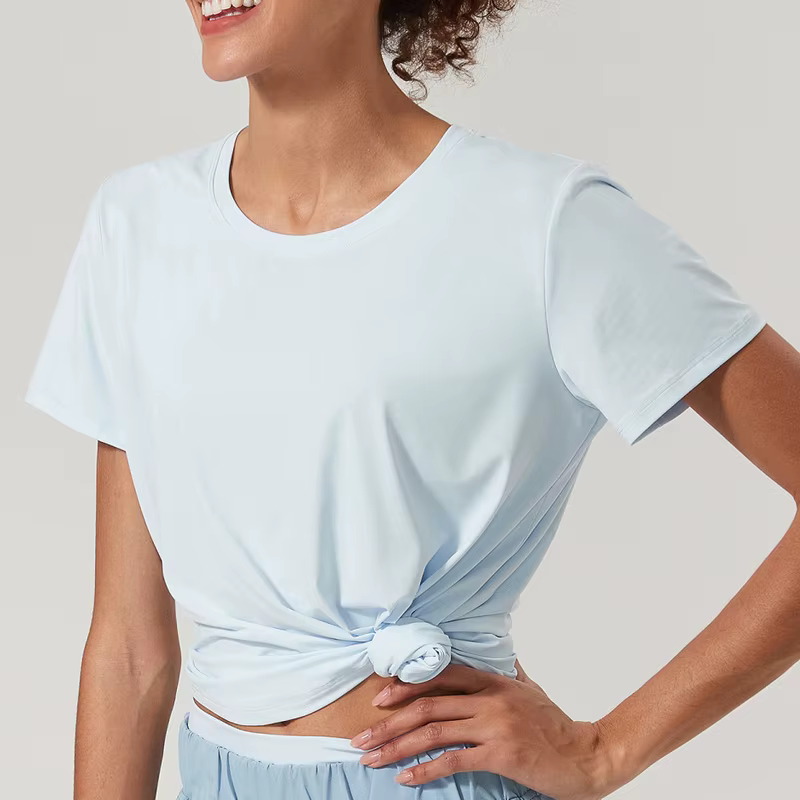 T-shirt de yoga à manches courtes pour femmes, tissu super commandé, chemise de gym respirante, haut