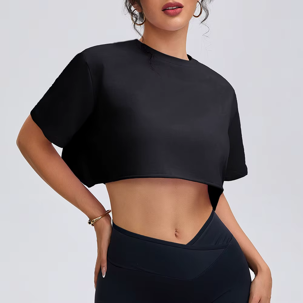 Anfilia femmes mode chemises de Yoga coupe ample col rond manches courtes 95% coton respirant gymnas