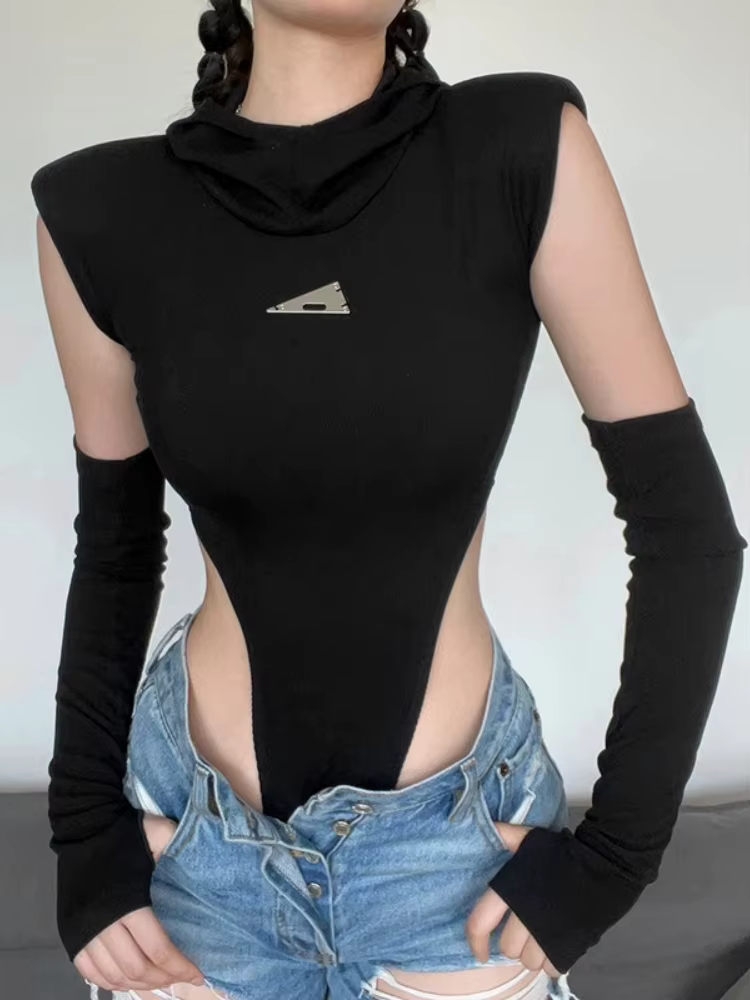 Body à capuche Lingerie Sexy corps Feminino haut noir femmes Rave tenue manches couverture une pièce