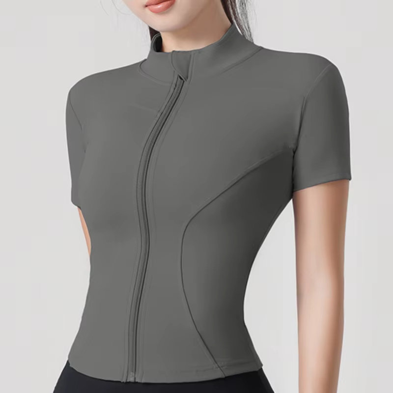 Femme yoga veste haute élastique Yoga à manches courtes manteau col montant serré sport manteau nu F