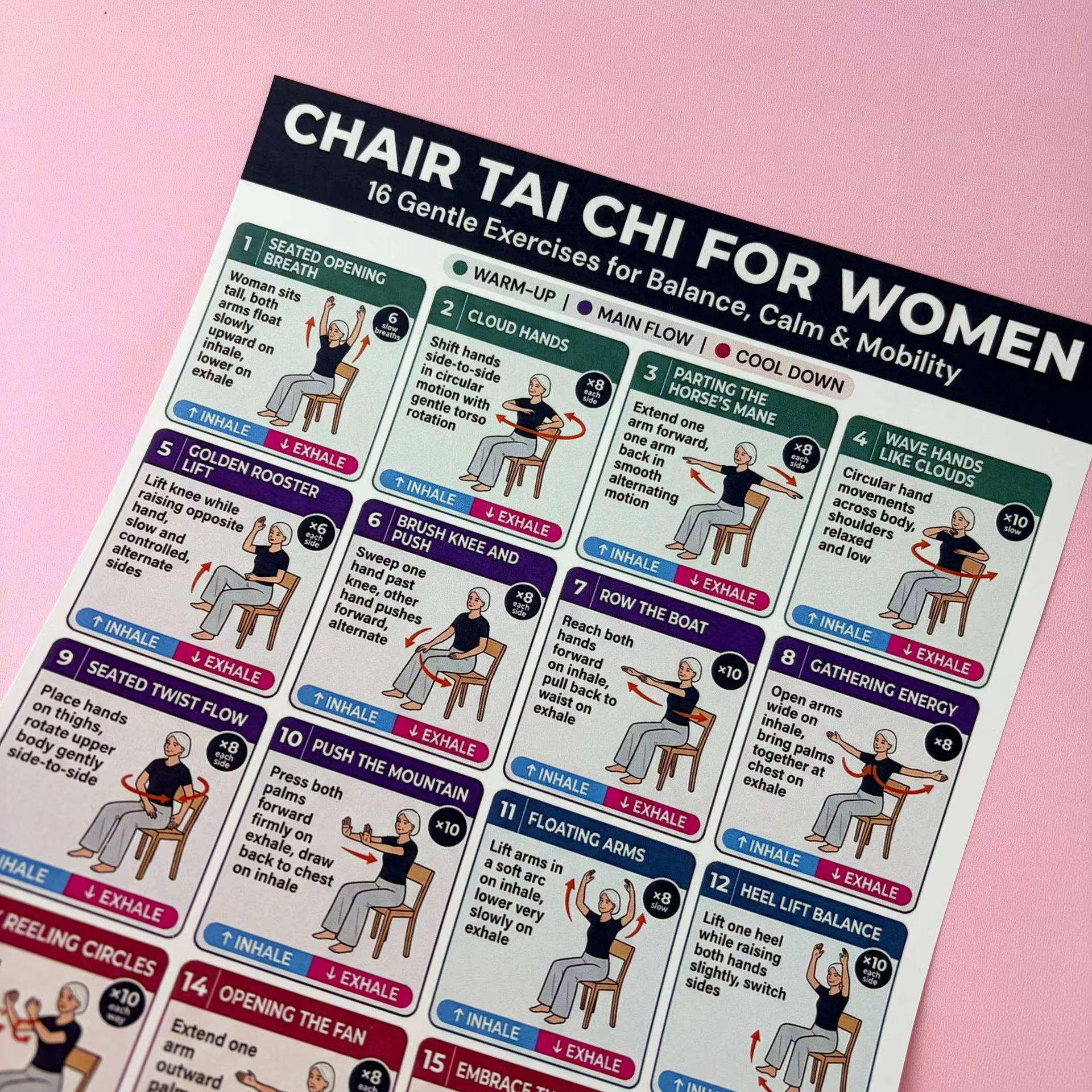 Affiche d'exercices de Tai Chi pour seniors, guide de fitness à domicile pour personnes âgées, affic
