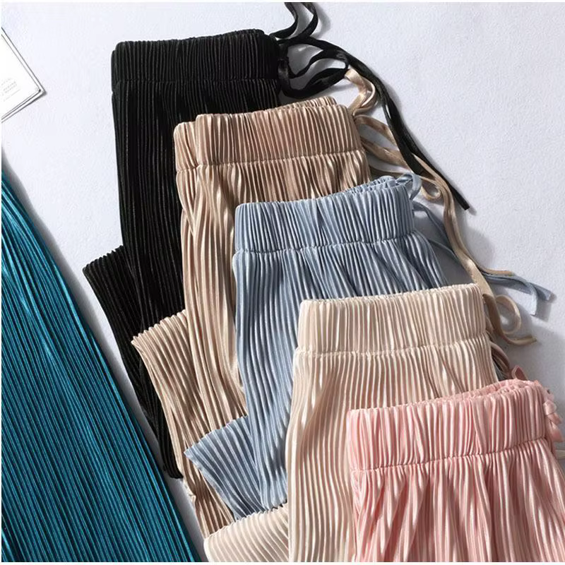 Pantalon plissé à jambes larges pour femmes, taille élastique, mode d'été, pantalon décontracté