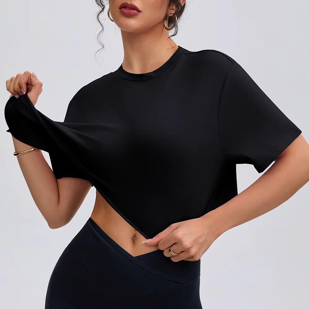 Anfilia femmes mode chemises de Yoga coupe ample col rond manches courtes 95% coton respirant gymnas