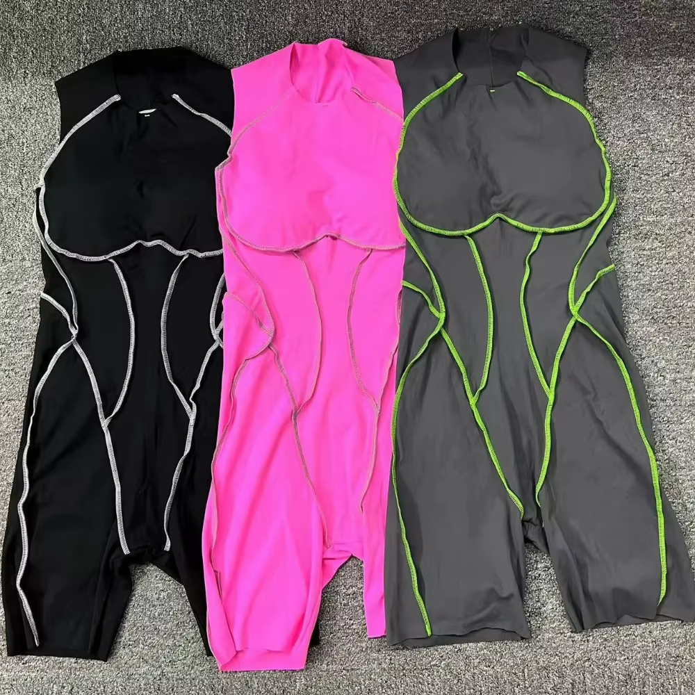 Combinaisons de Yoga dos nu pour femmes, couleur couture, avec coussinets de poitrine, sans manches,