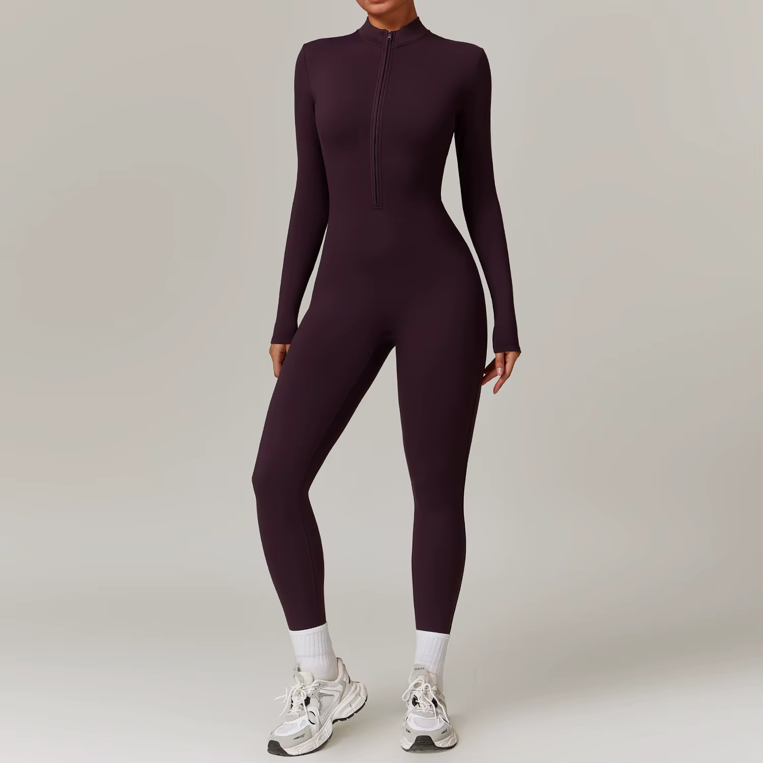 Vêtements de sport une pièce à manches longues pour femmes, barboteuse de Yoga à fermeture éclair, c