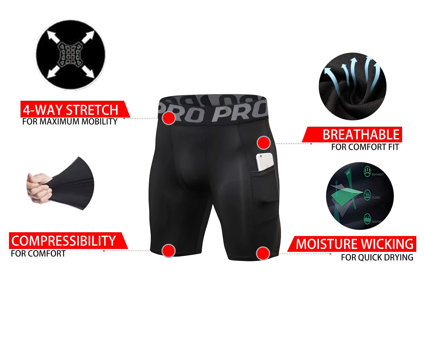 Shorts de compression pour hommes avec poche, en spandex, pour la course à pied, le sport, l'entraîn