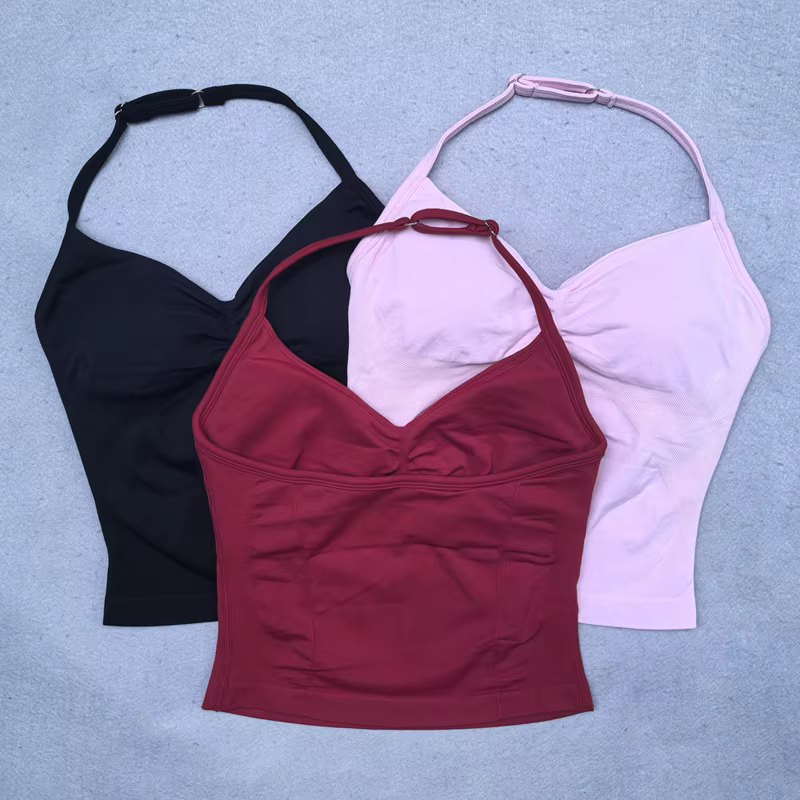 Ensemble de Yoga sans couture pour femmes, 2 pièces, débardeur rembourré, col licou, froissé, levage