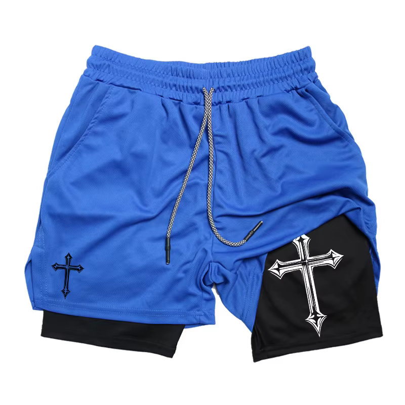 Short d'entraînement 2 en 1 imprimé croisé avec doublure de compression pour homme, short athlétique