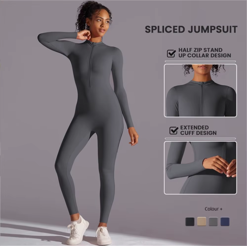 Combinaison de yoga longue intégrée à demi-zip, couleur unie, sexy, manches longues, vêtements de sp