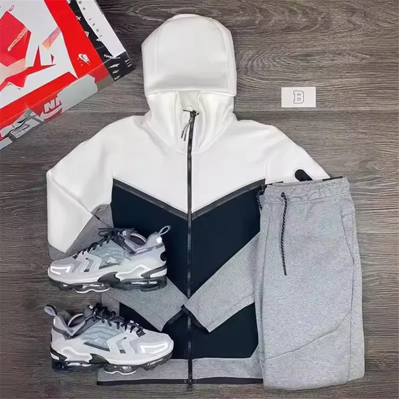 Ensembles de course à capuche pour hommes, survêtements décontractés patchwork, veste à glissière et