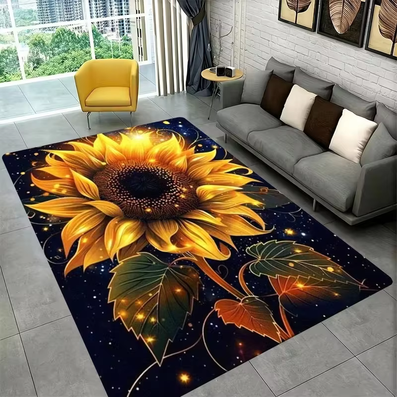 Tapis de sol antidérapant motif tournesol étoilé, imprimé floral galaxie sombre, pour salon, chambre