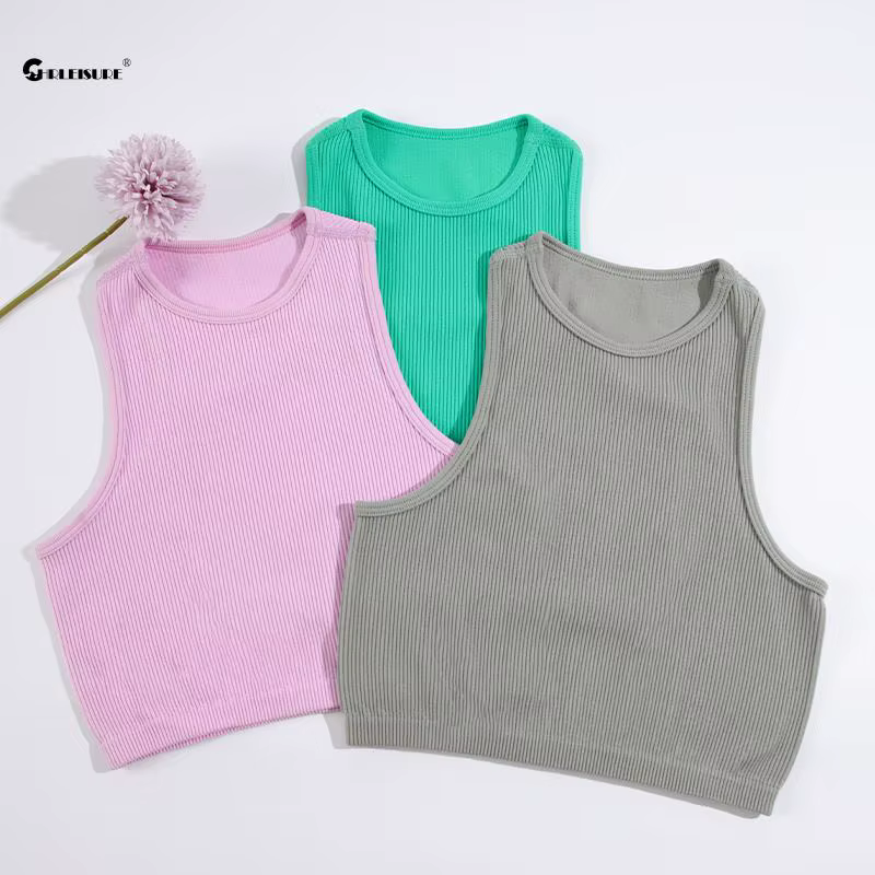 CHRLEISURE – soutien-gorge de Sport pour femmes, gilet de Yoga en tricot côtelé, col rond, haut cour