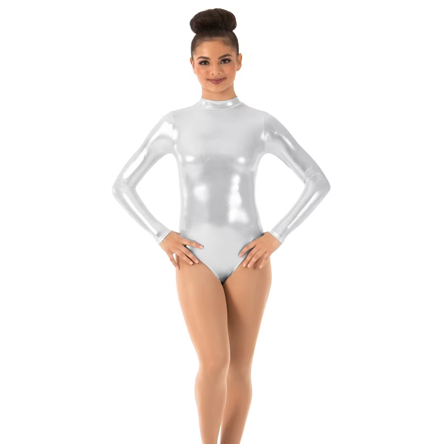 Justaucorps de gymnastique à col roulé métallique brillant pour filles et femmes, Costumes de danse