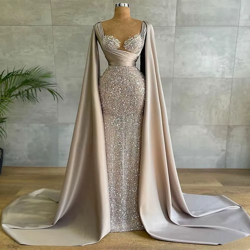 Robe de Soirée Arabe en Dentelle Froncée à Paillettes pour Femme, Tenue de Bal Formelle Personnalisé