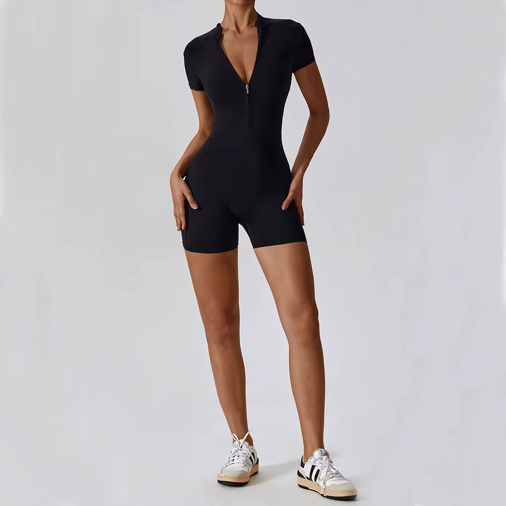 Combinaison de Yoga d'été à manches courtes avec fermeture éclair, tenue de sport, Fitness, body pou