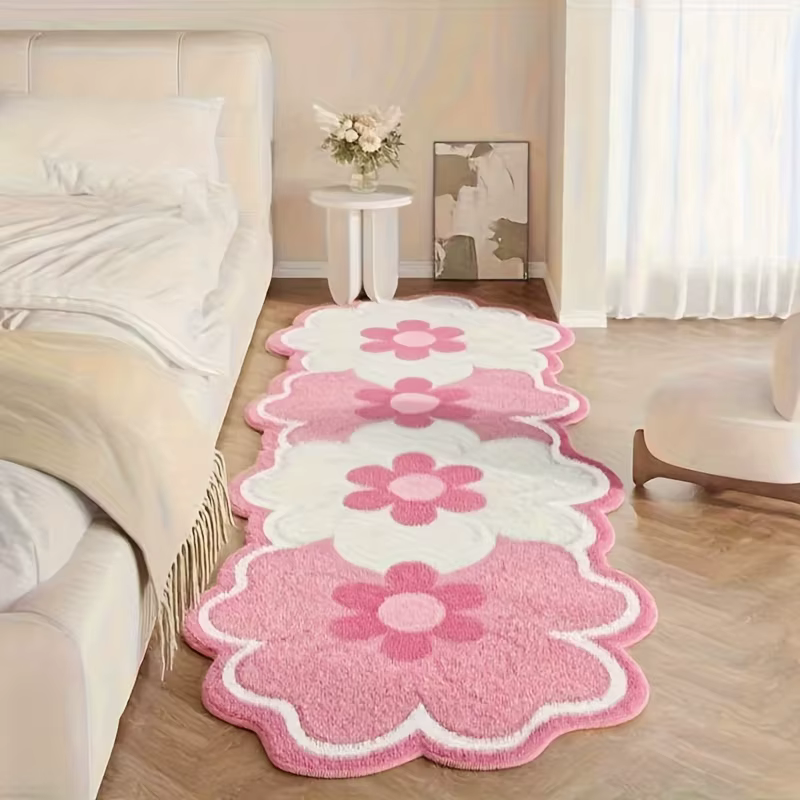 VIKAMA Tapis de chevet en forme de fleur rose, doux et moelleux, antidérapant, pour chambre à couche