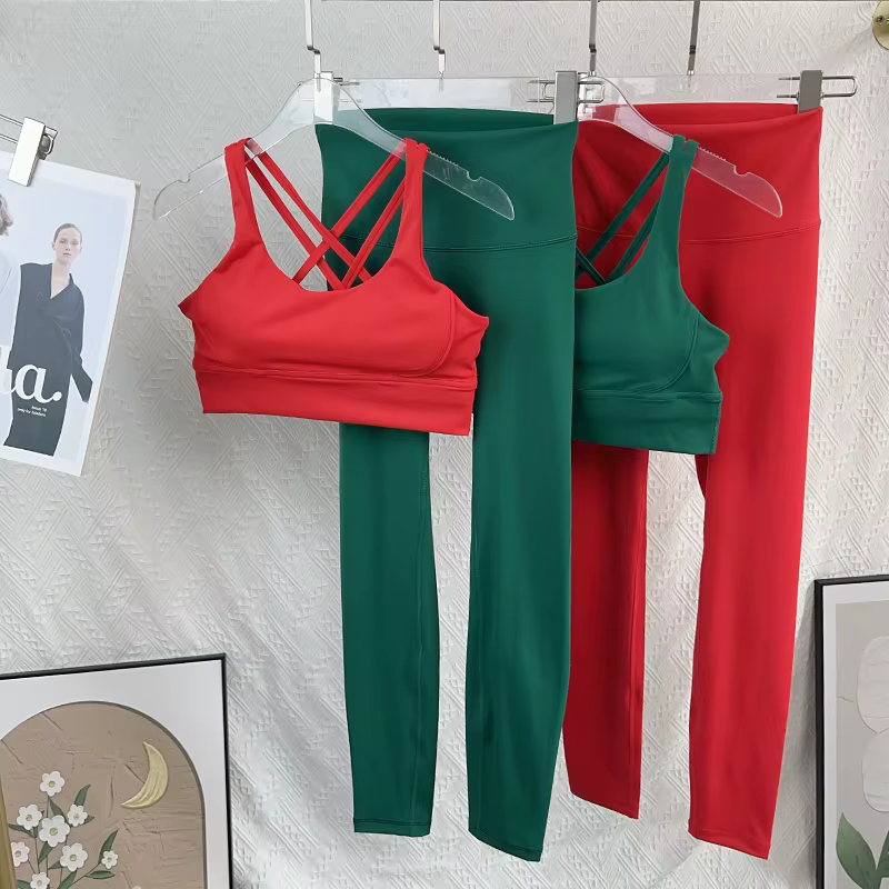 Costume de yoga 2 pièces style Noël, couleur unie, ensemble de fitness, dos croisé, haut de yoga, pa