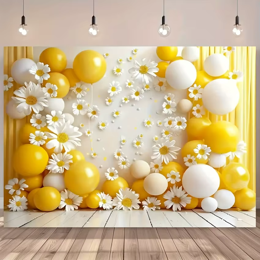 1 fond de photographie marguerite ballon jaune, adapté aux fêtes et aux salles de bain