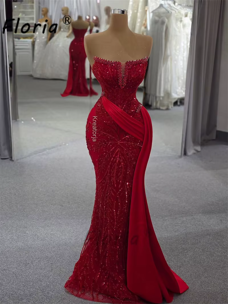 Robe de soirée sirène rouge élégante, ornée de perles brillantes, sans manches, robes formelles pour