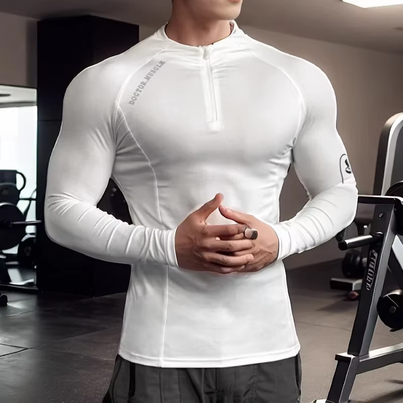 Haute qualité fermeture éclair col rond hauts sport printemps automne fitness T-shirt hommes à manch