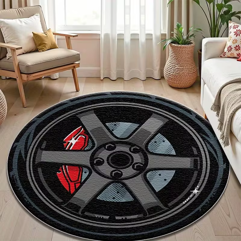 Grand tapis rond antidérapant, Design de dessin animé, Accents rouges, décoration de maison, parfait