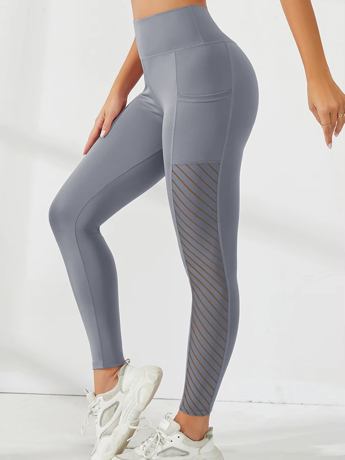 Pantalon de Yoga taille haute en maille latérale pour femmes, Leggings avec poches, contrôle du vent