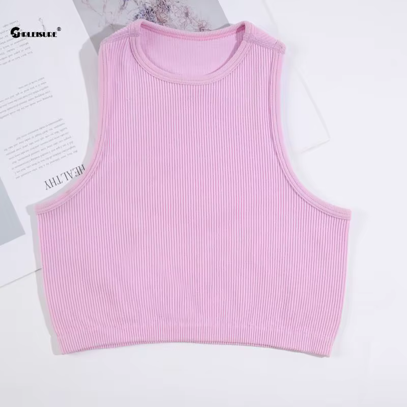 CHRLEISURE – soutien-gorge de Sport pour femmes, gilet de Yoga en tricot côtelé, col rond, haut cour