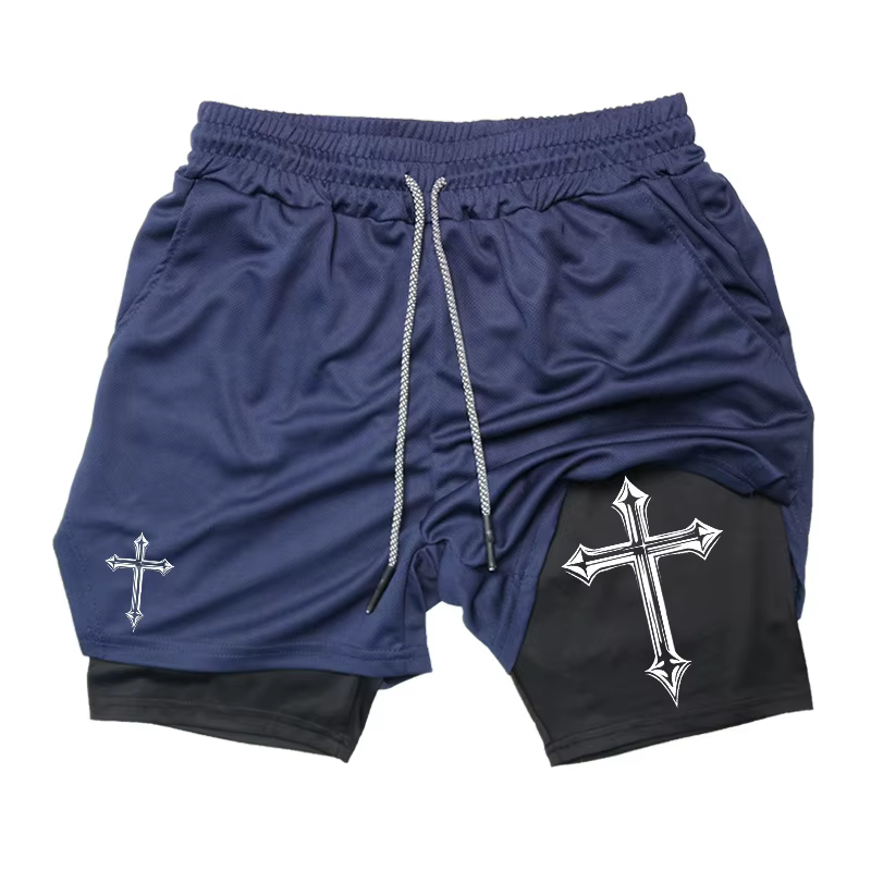 Short d'entraînement 2 en 1 imprimé croisé avec doublure de compression pour homme, short athlétique