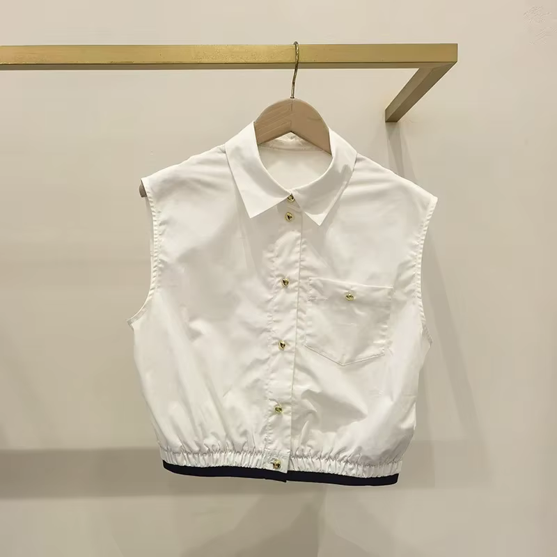 Chemise sans manches pour femme avec ourlet contrastant, col rabattu, débardeur à simple boutonnage