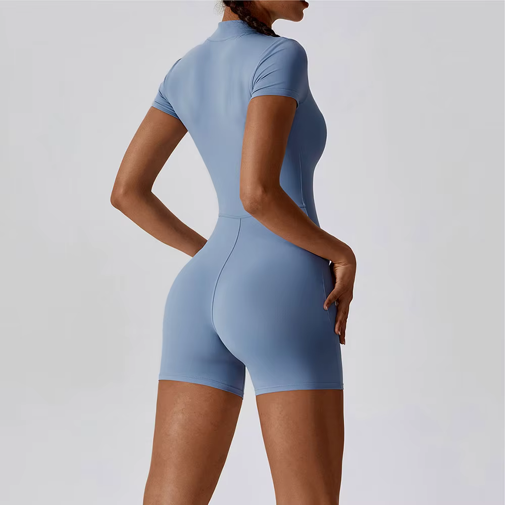 Ensemble de Yoga une pièce pour femmes, fermeture éclair, manches courtes, vêtements d'entraînement,