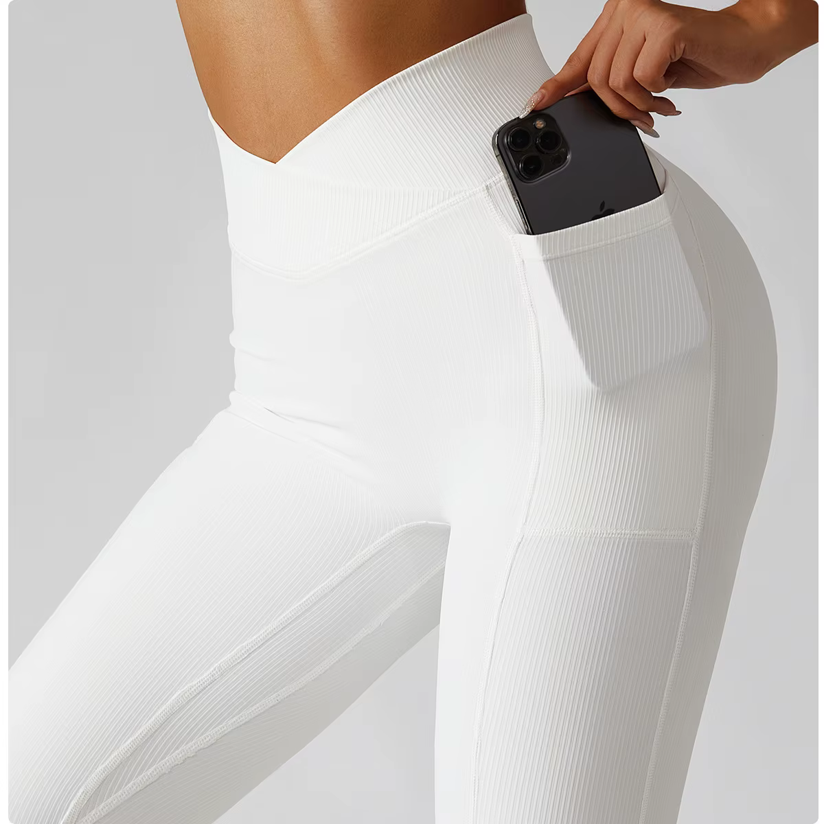 Pantalon de Yoga côtelé de couleur unie pour femmes, poches croisées, taille haute, Leggings de Fitn