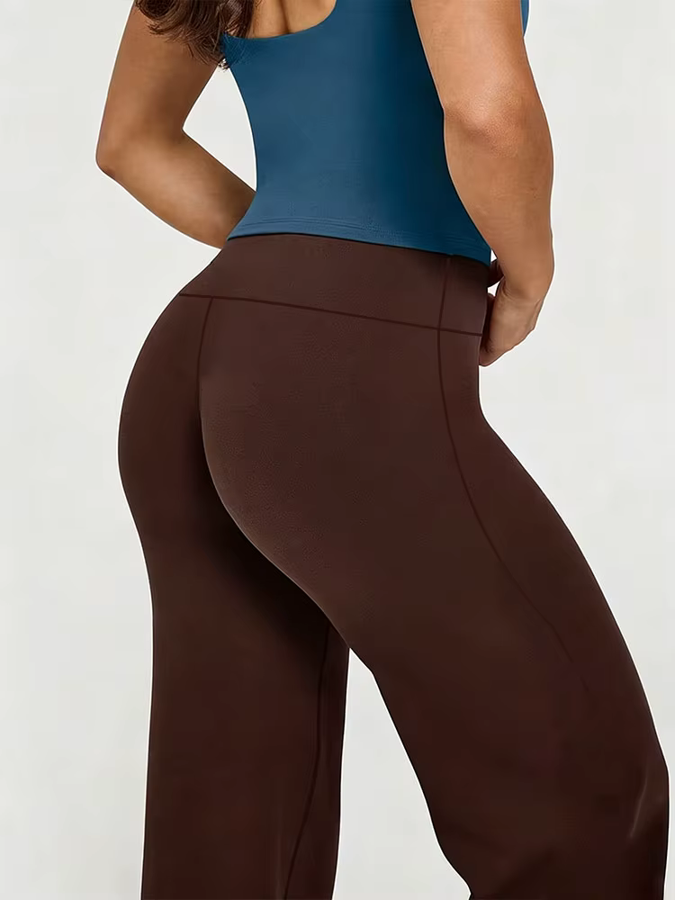 Pantalon de yoga taille haute pour femme, coupe droite, avec effet ventre plat, ourlet large, léger