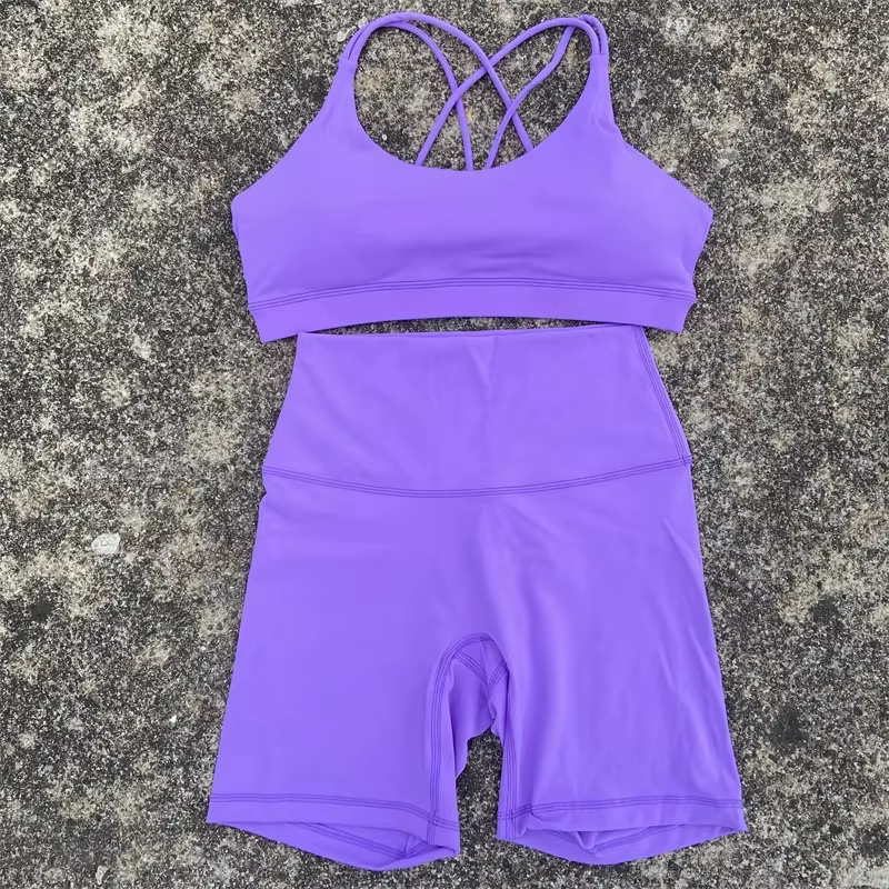 Ensemble de cyclisme court de Yoga pour femmes, couleur unie, doux, dos croisé, soutien-gorge + Legg
