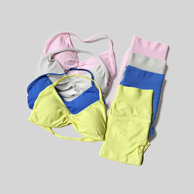 Ensemble de Yoga pour femmes, Fitness, gymnastique, couleur unie, taille haute, pêche, Legging court