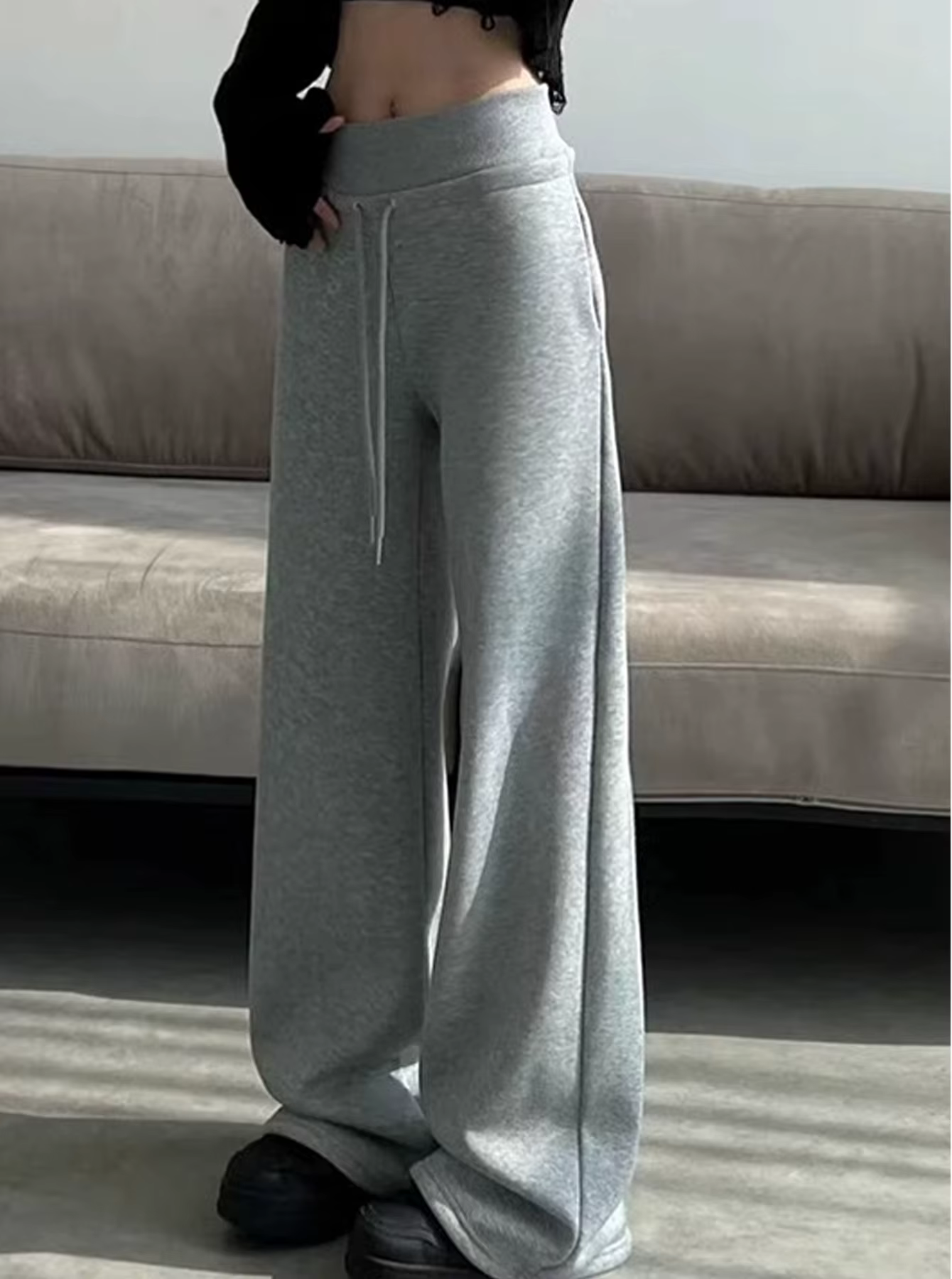 Pantalon de sport gris taille haute pour femmes, ample, amincissant, jambes droites, jambes larges,