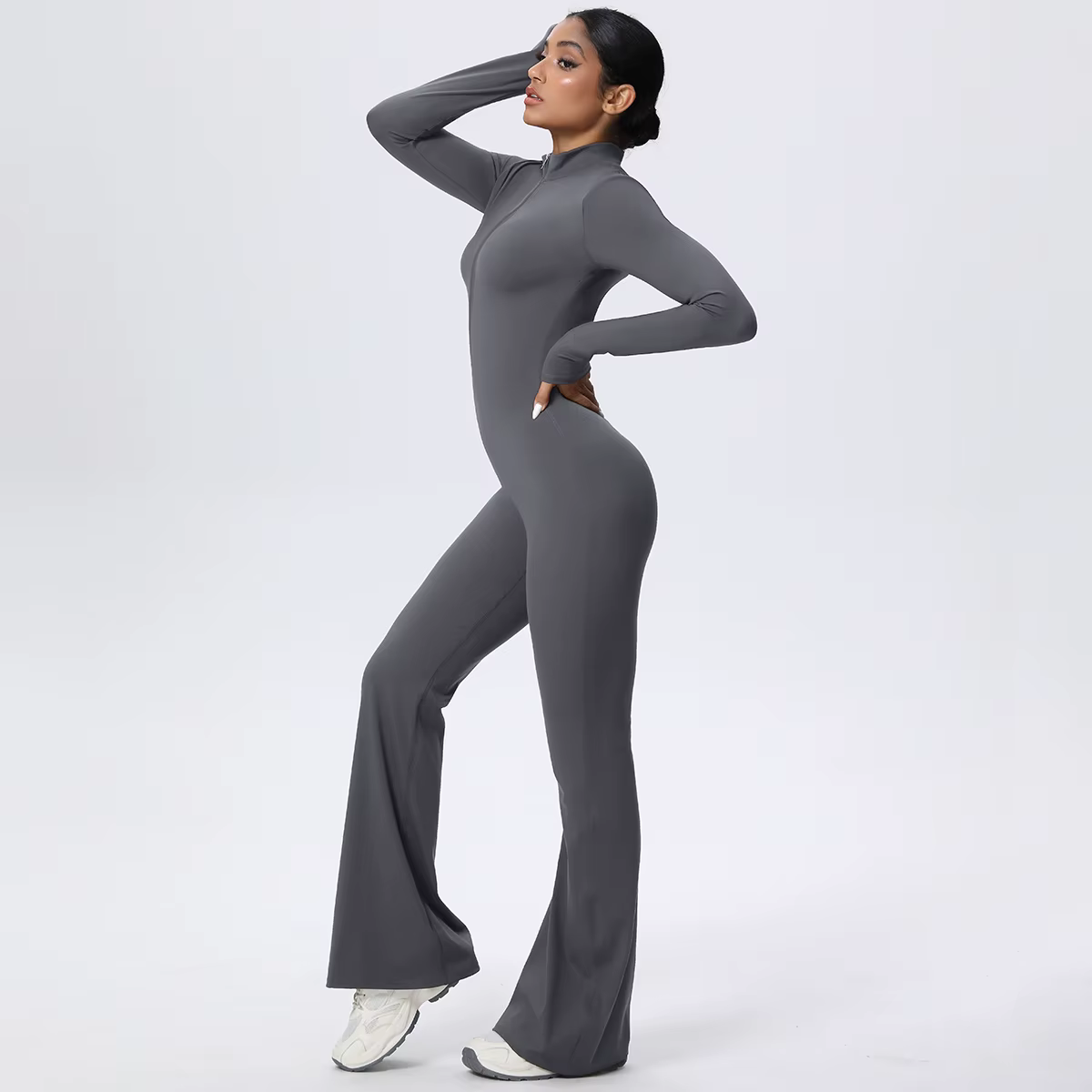 Femme couleur unie combinaison Yoga costume demi fermeture éclair Scrunch sport Fitness vêtements gy