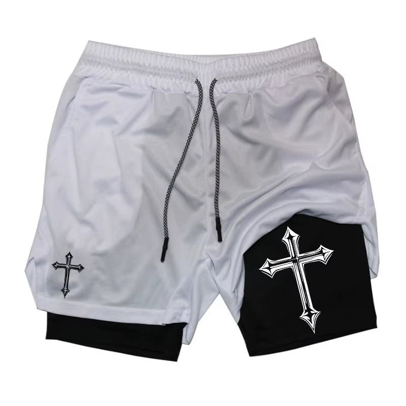 Short d'entraînement 2 en 1 imprimé croisé avec doublure de compression pour homme, short athlétique