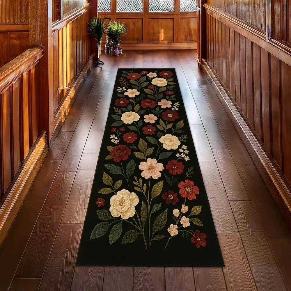Tapis de couloir vintage à motif floral botanique style sirène, tapis décoratif rétro Art Nouveau à