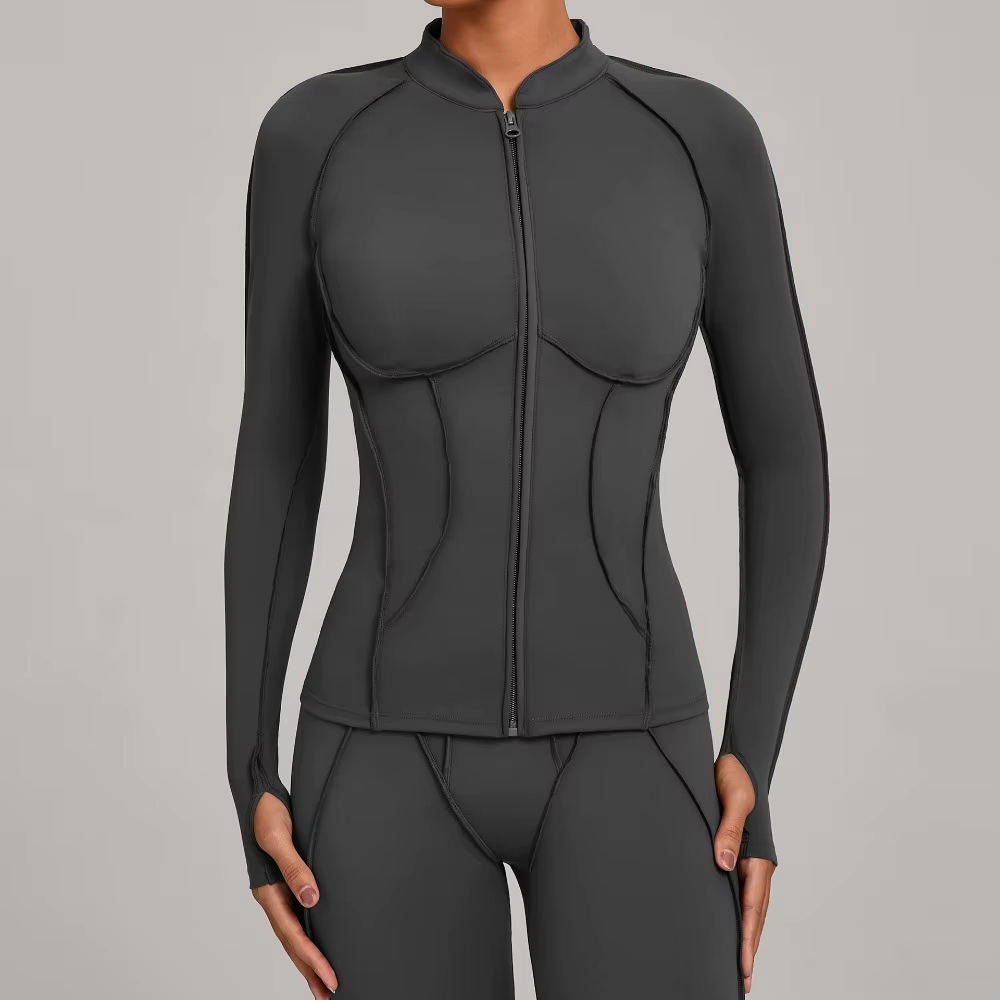 Veste de Yoga à manches longues et fermeture éclair pour femme, col montant, moulante, séchage rapid