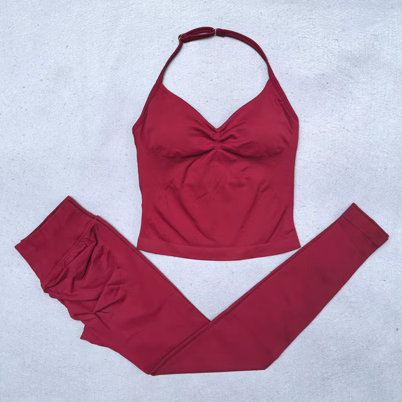 Ensemble de Yoga sans couture pour femmes, 2 pièces, débardeur rembourré, col licou, froissé, levage
